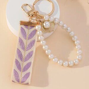 Keychain - Faux Pearl with embroidered armband - NEW - Lilac Purple & Gold Tone
